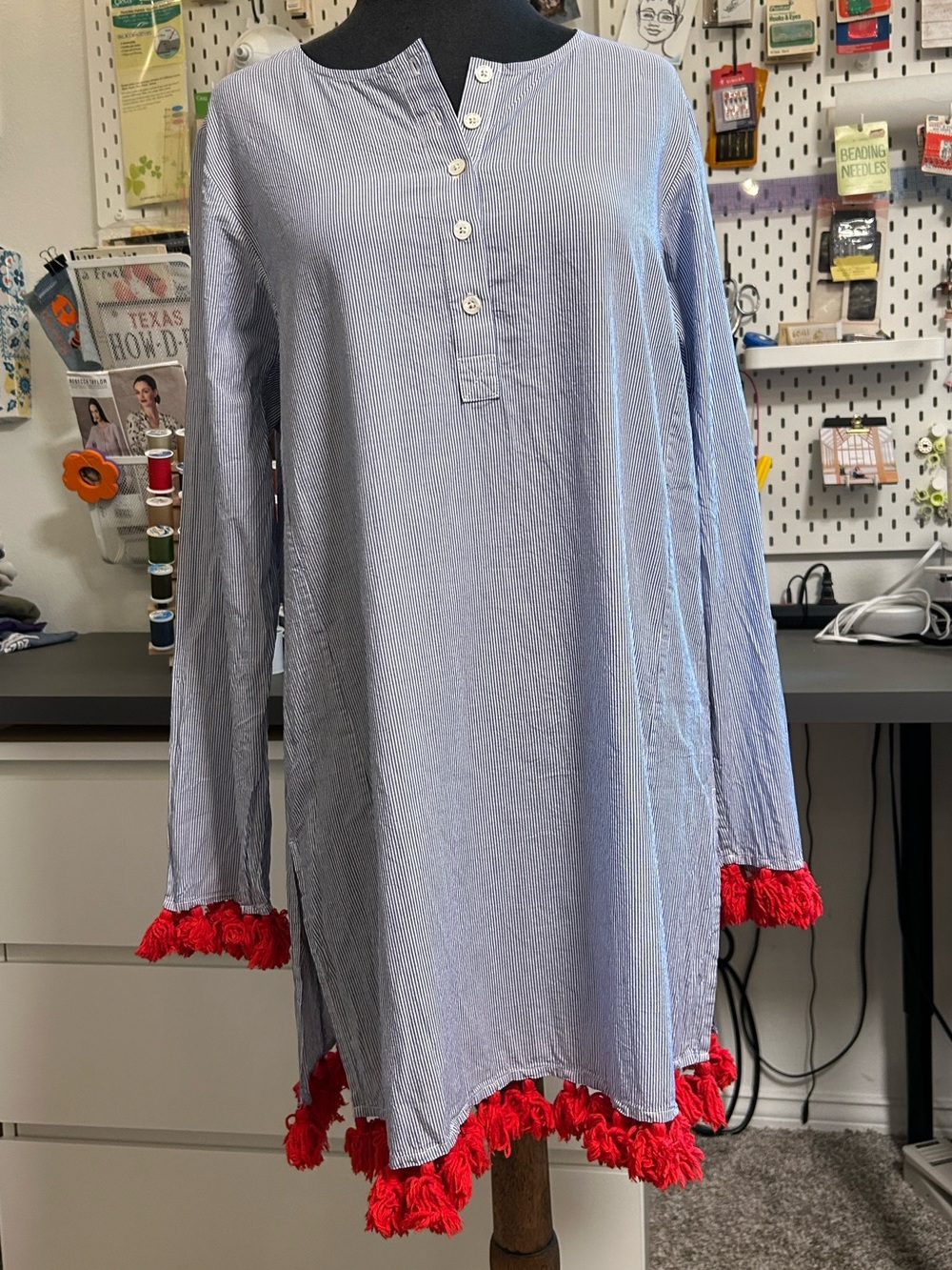 Tory Burch Blue and White striped Tunic with Red Fringe Trim  Size S